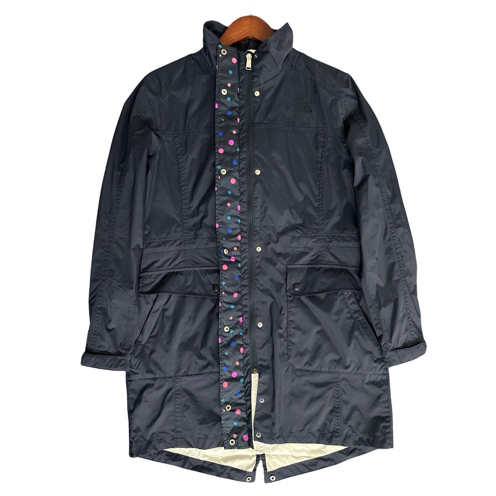 The North Face Women's Large Navy Blue Hooded Polka Dot Trim Raincoat Parka